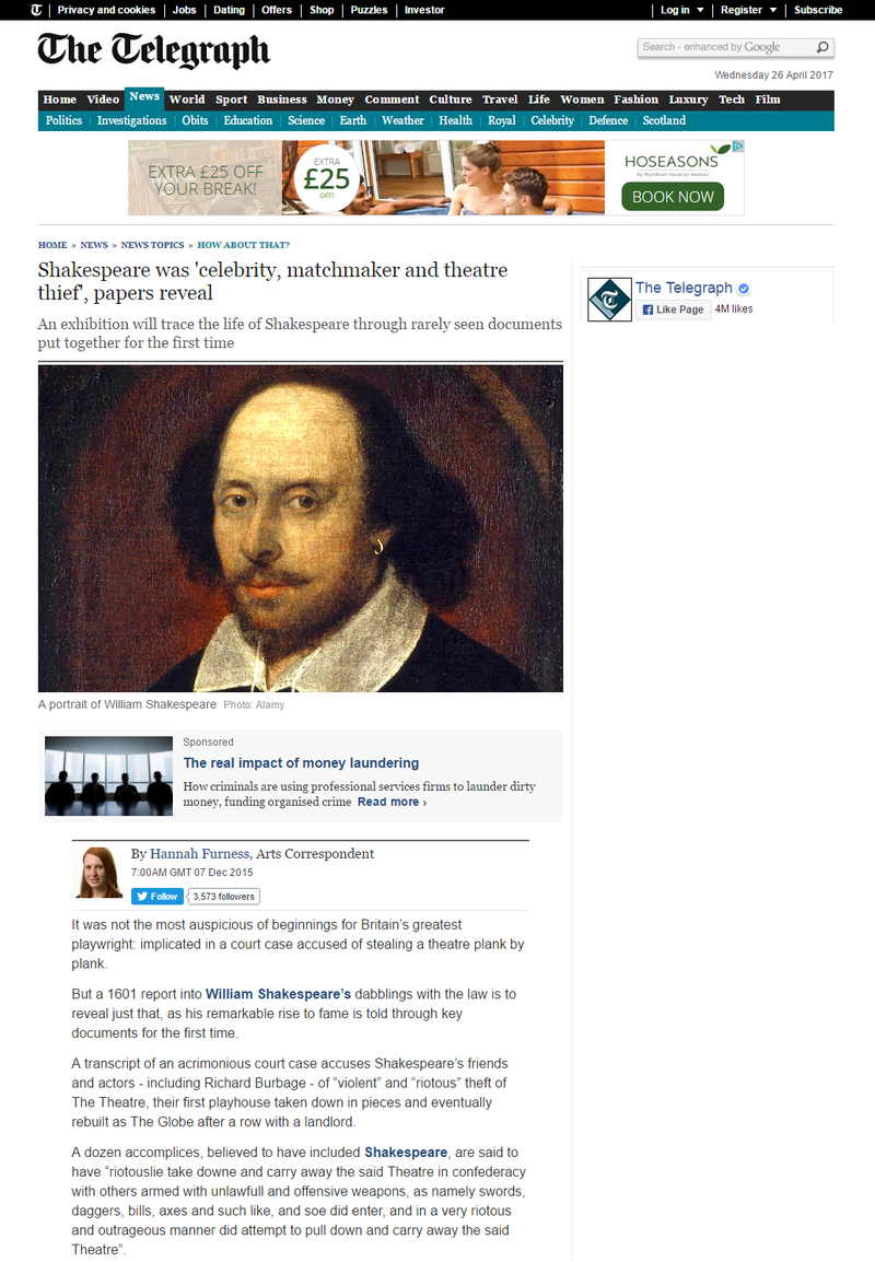 Shakespeare was  celebrity  matchmaker and theatre thief   papers reveal   Telegraph.png