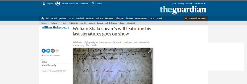 William Shakespeare s will featuring his last signatures goes on show   Culture   The Guardian.png